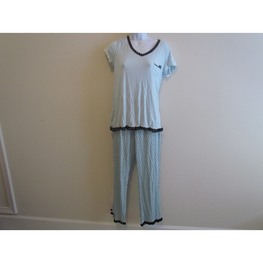 Layla Pajama Set Small Blue Polka Dot Ruffle Loungewear Rayon Blend PJs